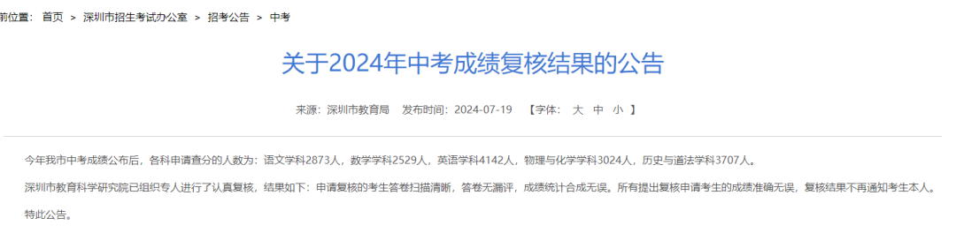 2024年深圳中考成绩复核结果公布！