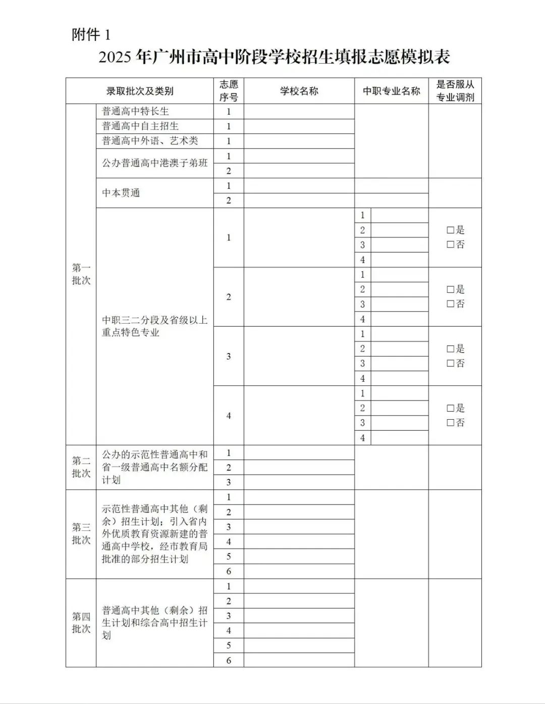 2025年广州市高中阶段学校招生填报志愿模拟表