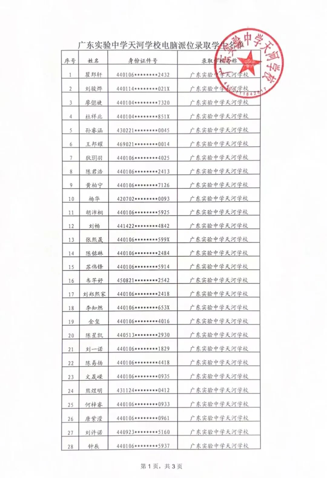广东实验中学天河学校2025年小升初电脑派位录取名单公布